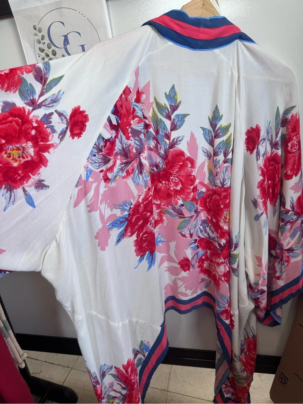 Flying Tomato Cream Kimono Cardigan with Red & Blue Floral Accents